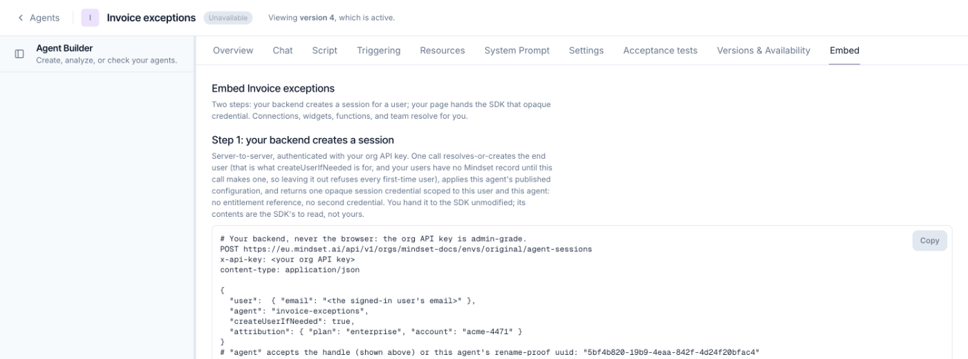 An agent's Embed tab, which starts with the session call your backend makes.
