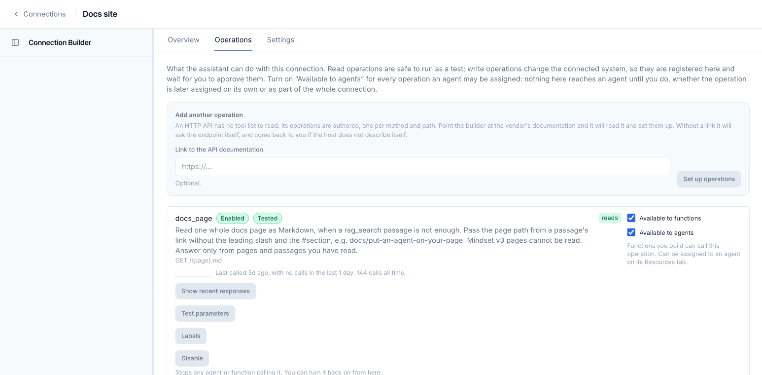 A connection's Operations tab, where each operation is enabled and made available to agents.