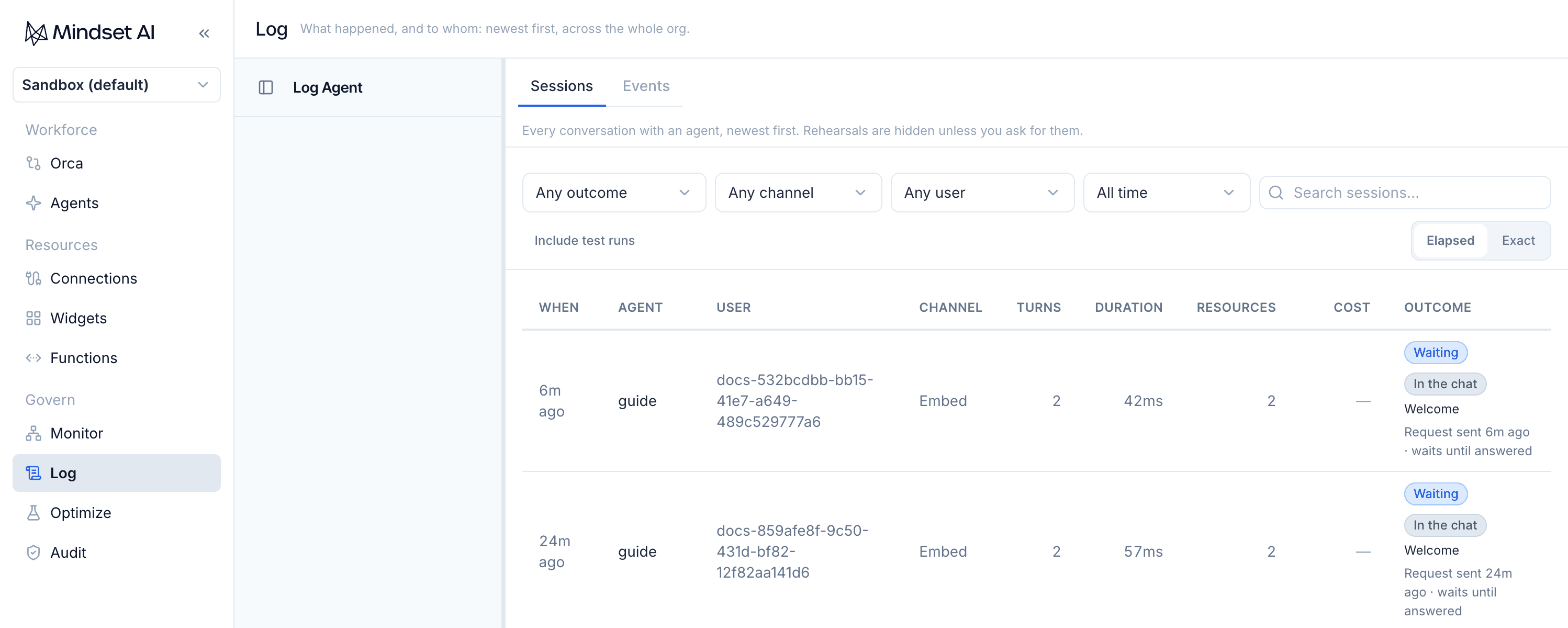 Log → Sessions, one row per conversation.
