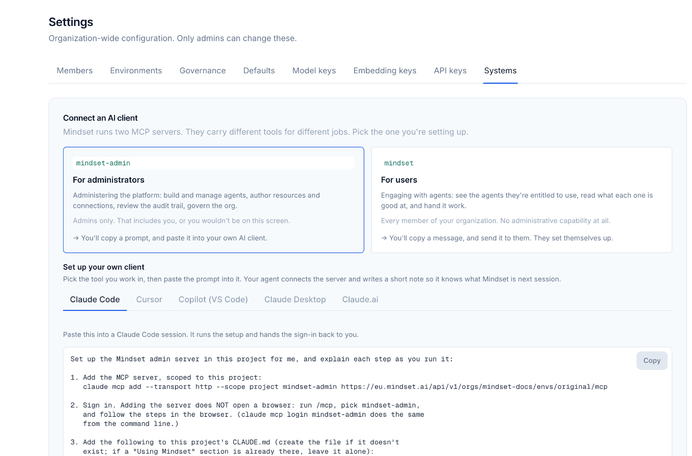 Settings → Systems, with For administrators chosen and the Claude Code prompt below.