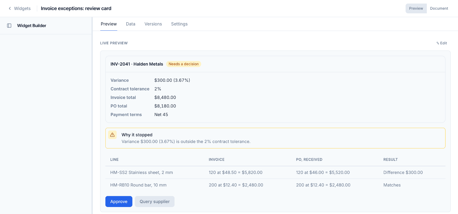 A widget's Preview tab, showing the invoice review card.